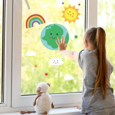 Happy earth and rainbow window stickers perfect for decorating a child's window in a bedroom or nursery
