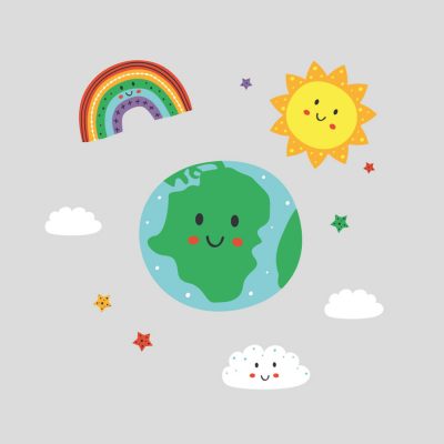 Happy earth and rainbow window stickers on a grey background