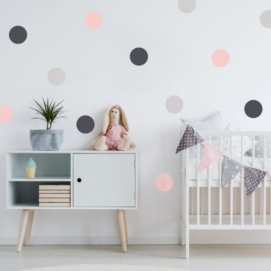 Grey and pink spot wall stickers perfect for creating a contemporary theme for a baby's nursery