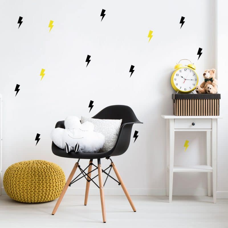 Black and yellow lightning bolt wall stickers perfect for adding a contemporary theme to your child's bedroom