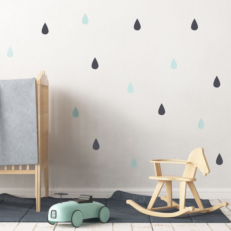 Raindrop wall stickers (Dark grey - aqua) perfect for decorating a child's bedroom or nursery with a contemporary theme