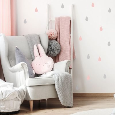 Raindrop wall stickers (Light grey - pink) perfect for decorating a child's bedroom or nursery with a contemporary theme