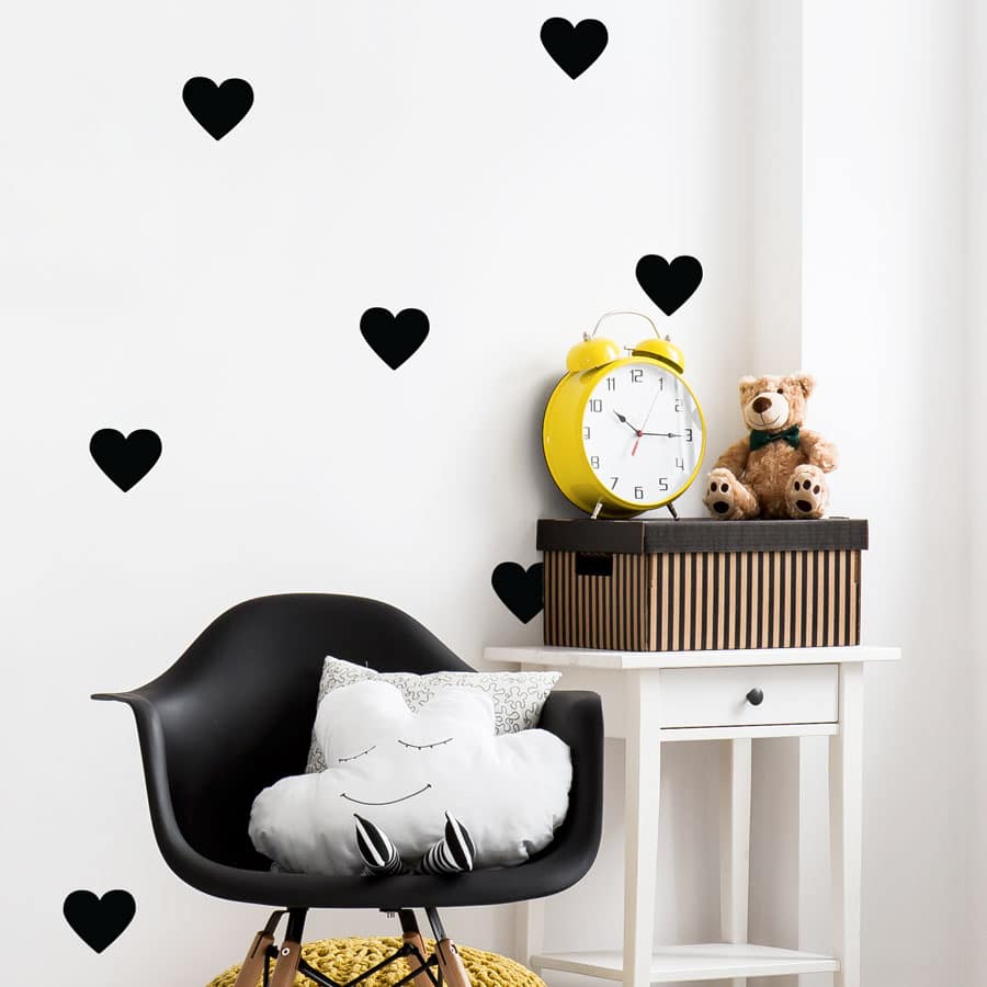 Black heart wall stickers from our peel and stick collection quick and easy to apply to decorate your childs room.