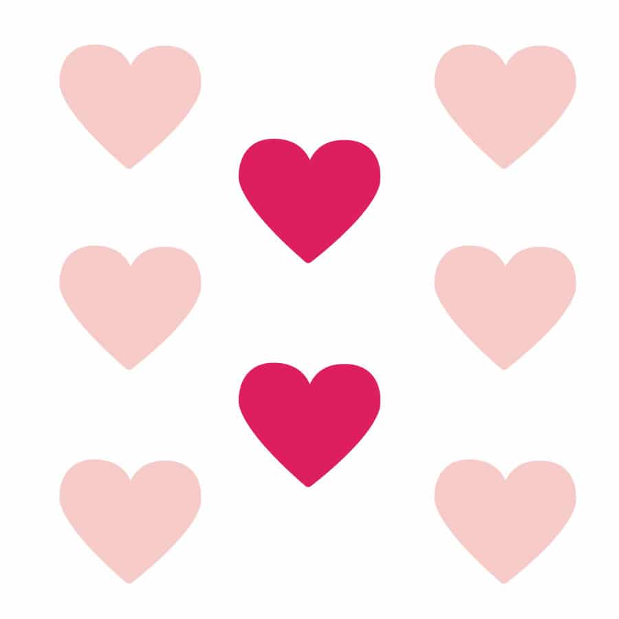 Light pink and hot pink heart wall stickers on a white background (Large size)