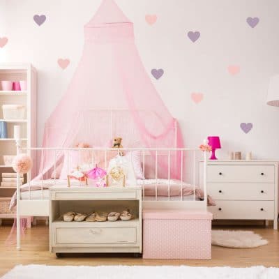 Light pink and lilac heart wall stickers from our peel and stick collection quick and easy to apply to decorate your childs room.