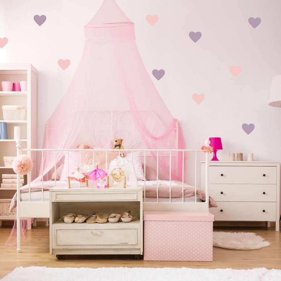 Light pink and lilac heart wall stickers from our peel and stick collection quick and easy to apply to decorate your childs room.
