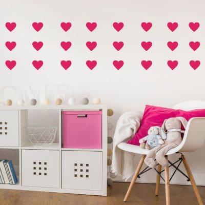Hot pink heart wall stickers from our peel and stick collection quick and easy to apply to decorate your childs room.