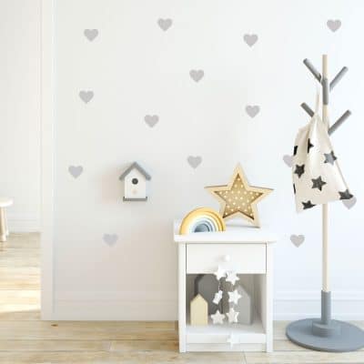 Light grey heart wall stickers from our peel and stick collection quick and easy to apply to decorate your childs room.