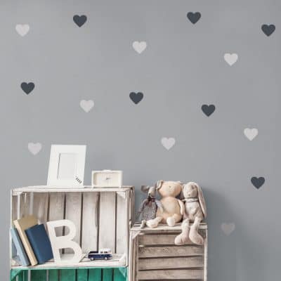 Light grey and dark grey heart wall stickers from our peel and stick collection quick and easy to apply to decorate your childs room.