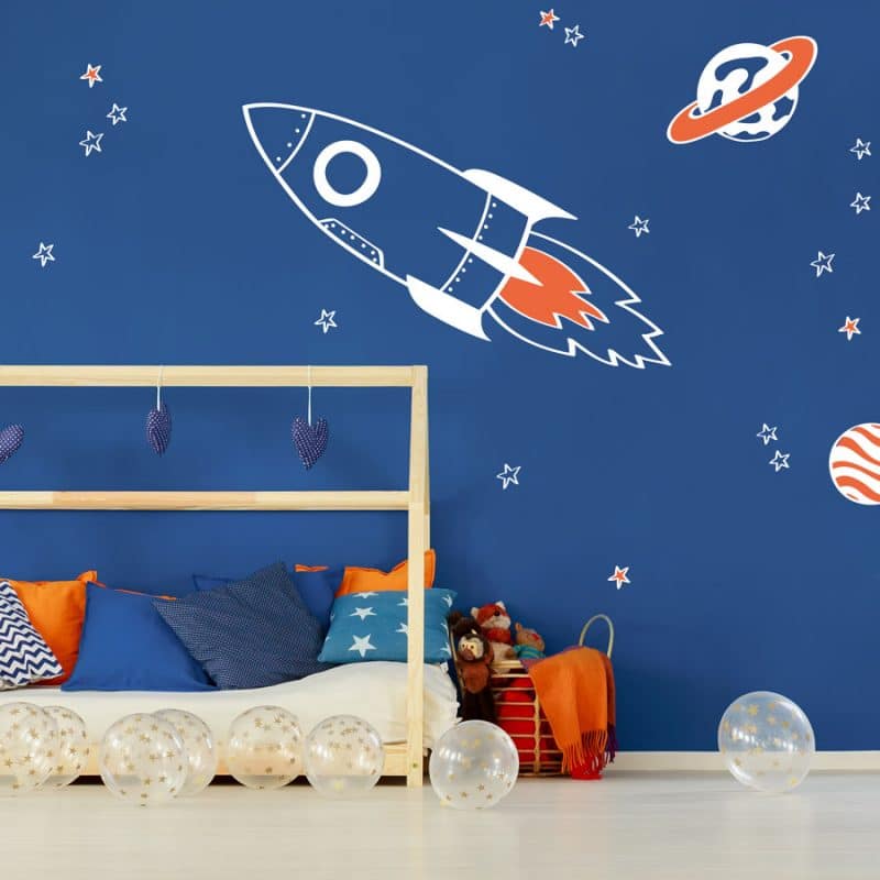 rocket and stars space wall stickers in white and orange accents