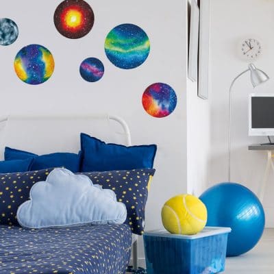 planet wall stickers in a colourful watercolour style