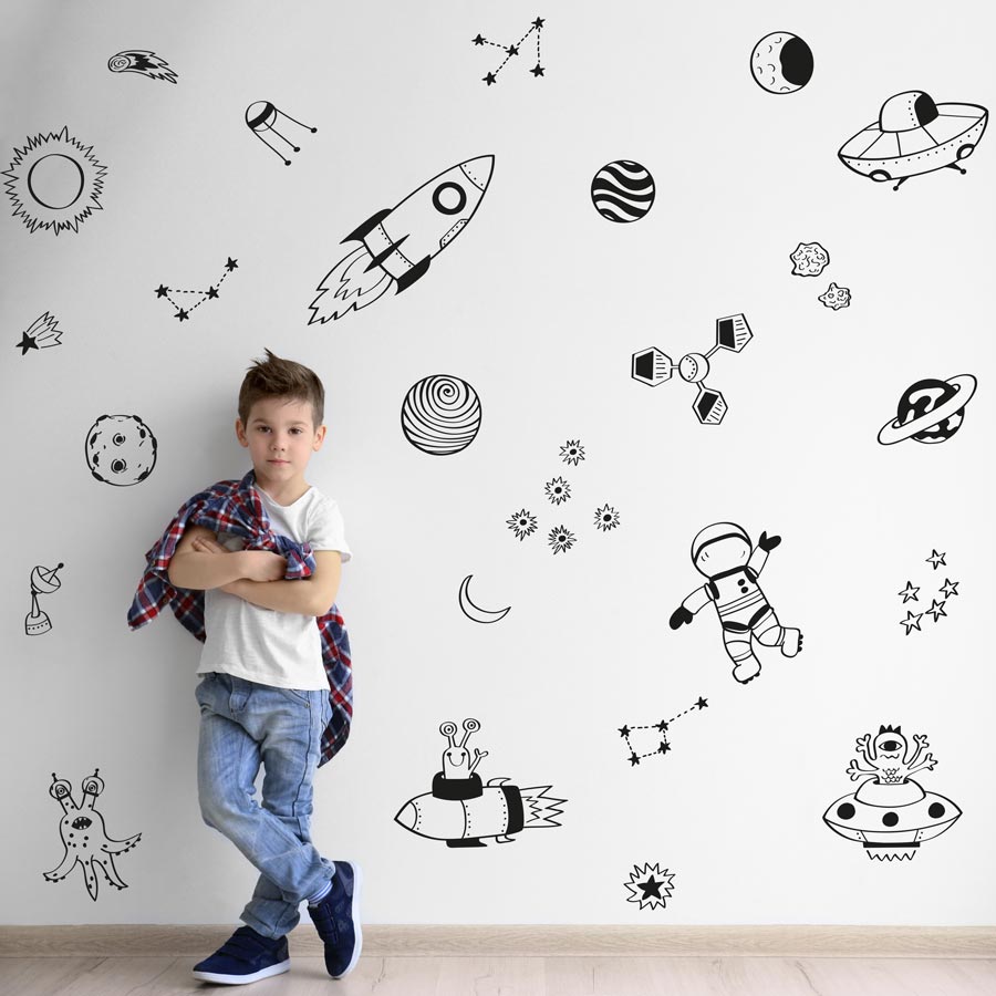 Space doodles wall sticker pack (Black) | Space wall stickers | Stickerscape | UK