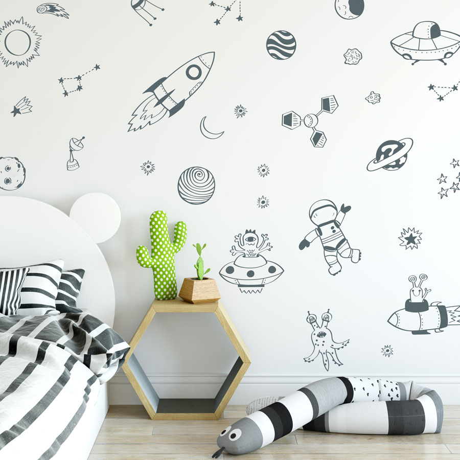 space doodles wall sticker set in grey for a kid's room