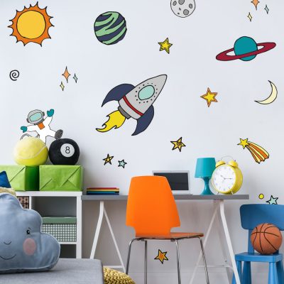Hand drawn space wall stickers perfect for decorating a child's room with a fun bright space theme