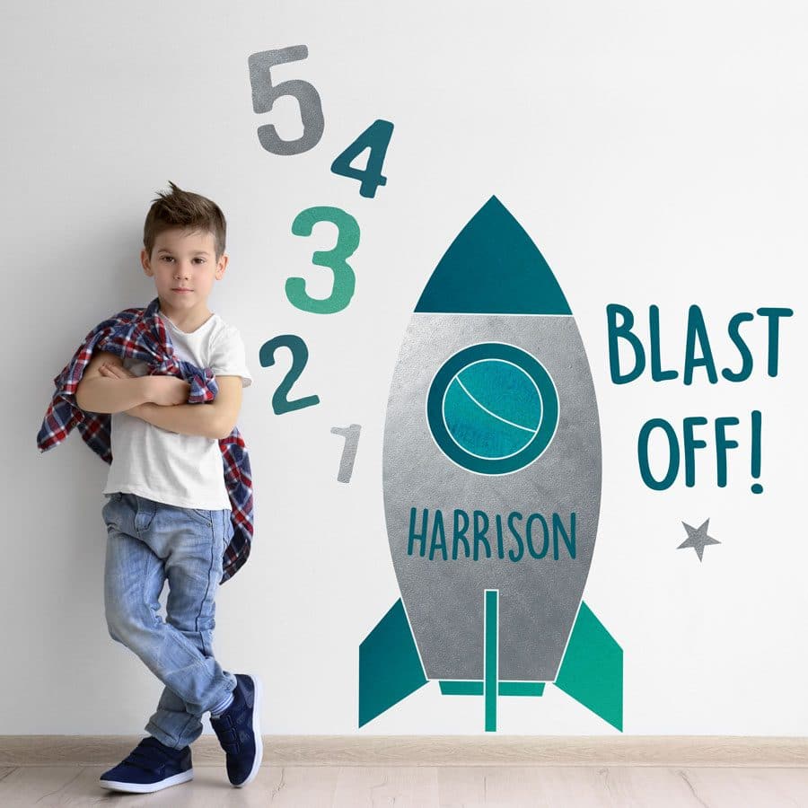 personalised rocket wall sticker including blast off text and numbers in grey and silver