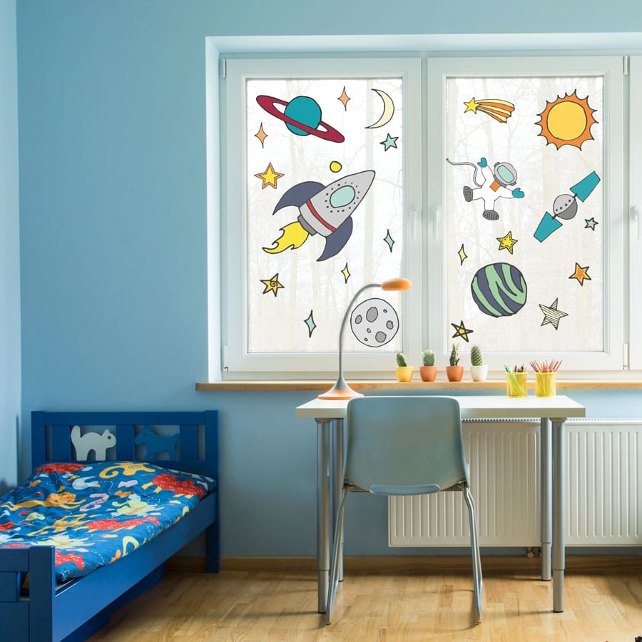 space window stickers including rockets, planets and satellites
