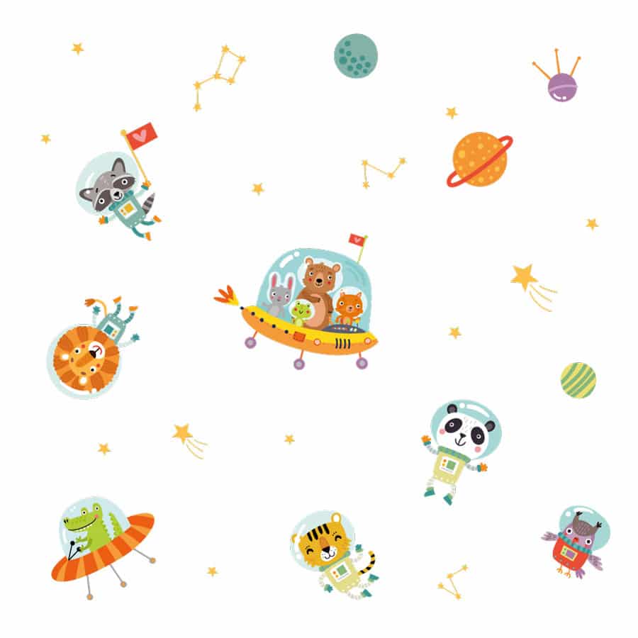 Space animals wall stickers. Image displays a collection of jungle animals inside spaceships and wearing spacesuits as well as constellations and colourful planets. The stickers are shown on a white background.