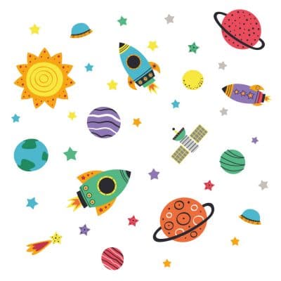 Colourful space wall stickers pack on a white background