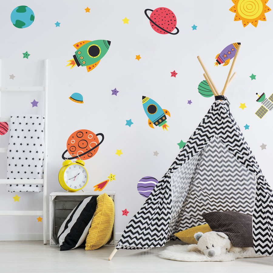 colourful space wall stickers perfect for decorating space themed room