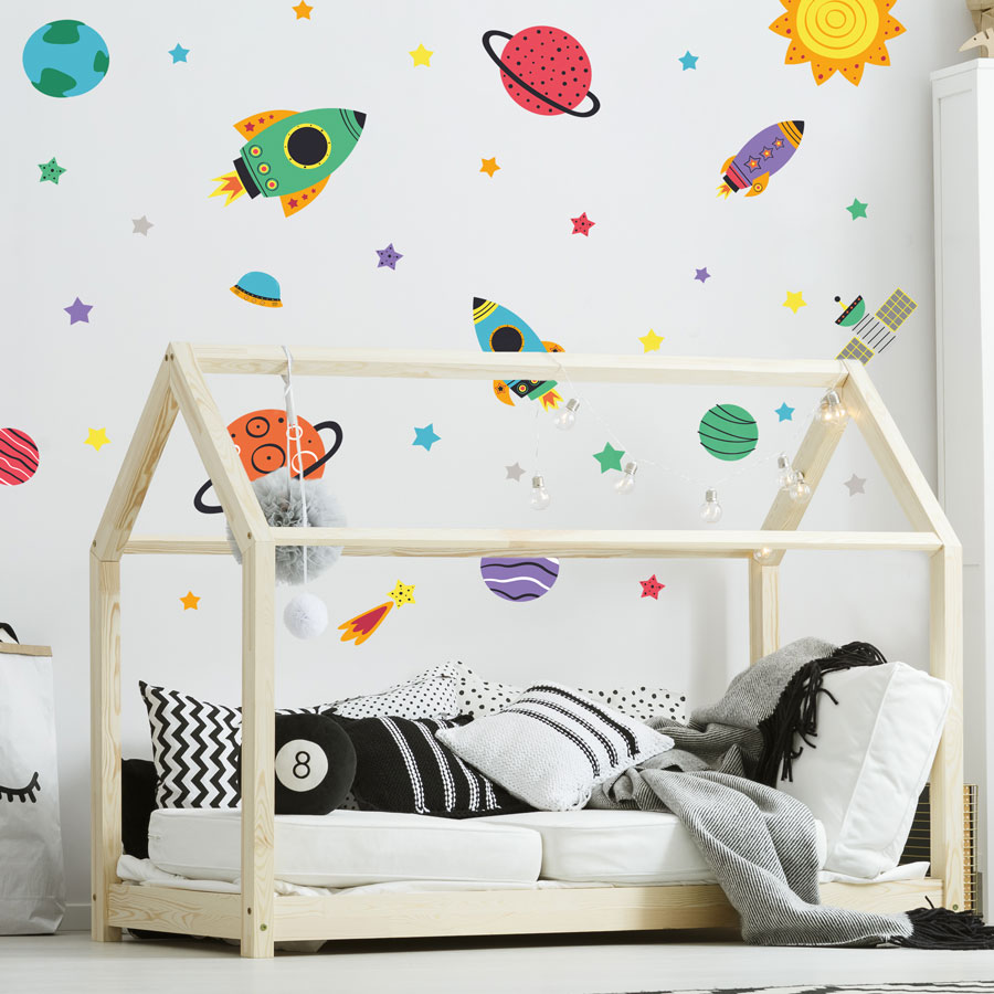 colourful space wall stickers perfect for decorating space themed room