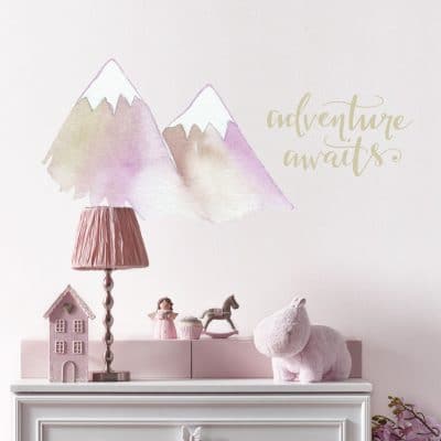 Adventure awaits mountain wall sticker pack in lilac for a childs room