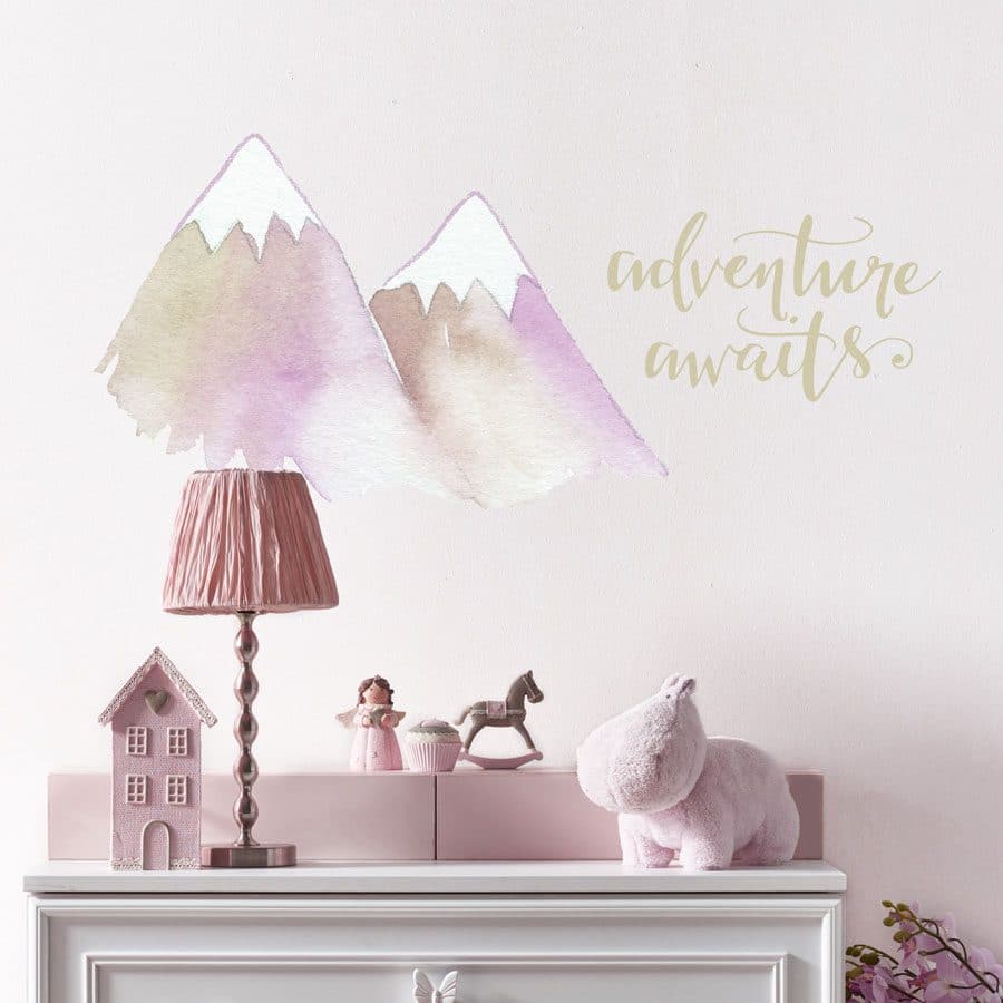 Adventure awaits mountain wall sticker pack in lilac for a childs room