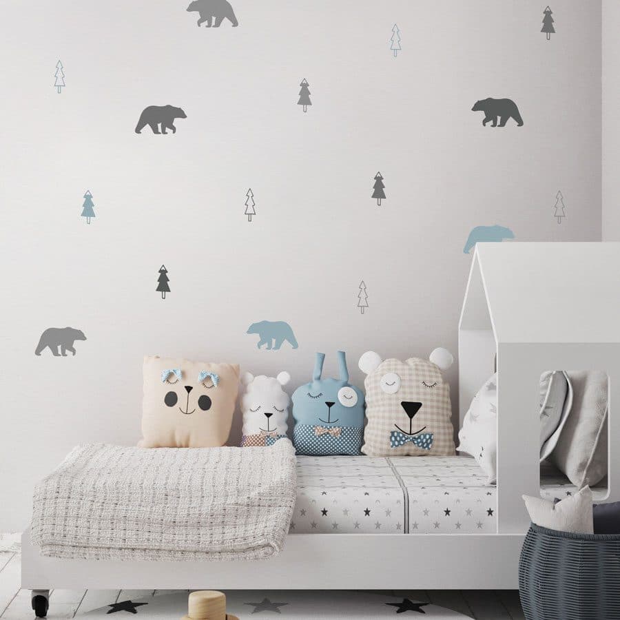 Bear forest wall sticker pack in marine mix perfect for creating a scandinavian forest theme