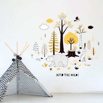 Into the wild wall sticker | Black and yellow contemporary woodland theme wall sticker for a nursery or childs bedroom