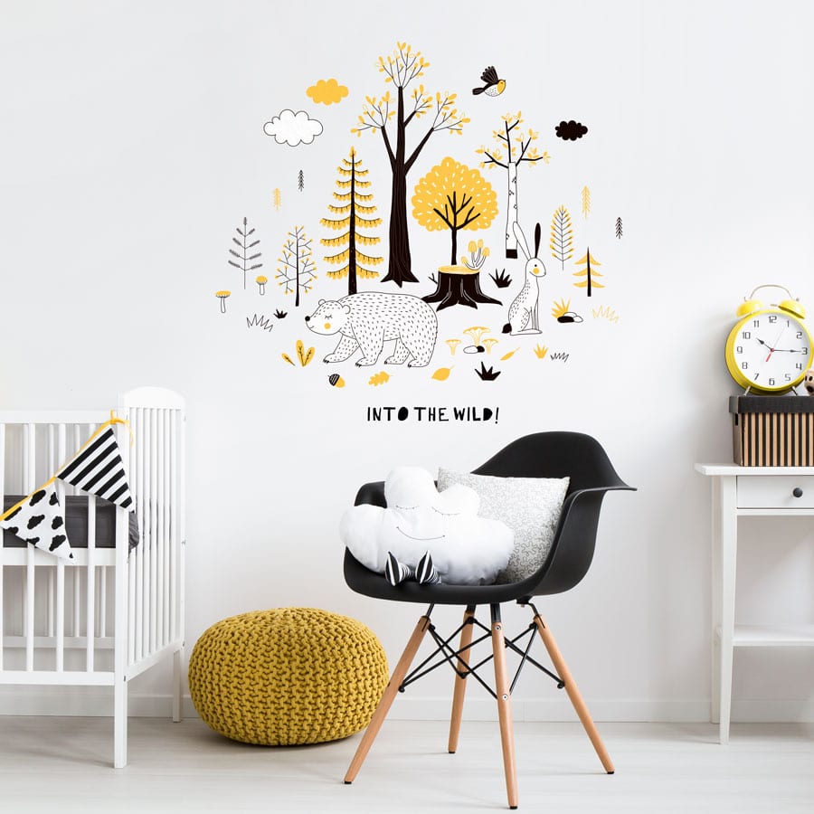 Into the wild wall sticker | Black and yellow contemporary woodland theme wall sticker for a nursery or childs bedroom