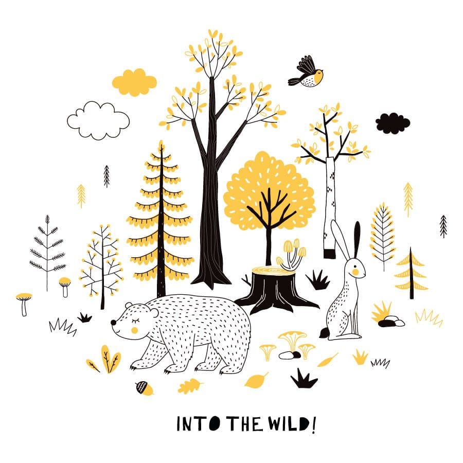 Into the wild wall sticker | Black and yellow contemporary woodland theme wall sticker for a nursery or childs bedroom