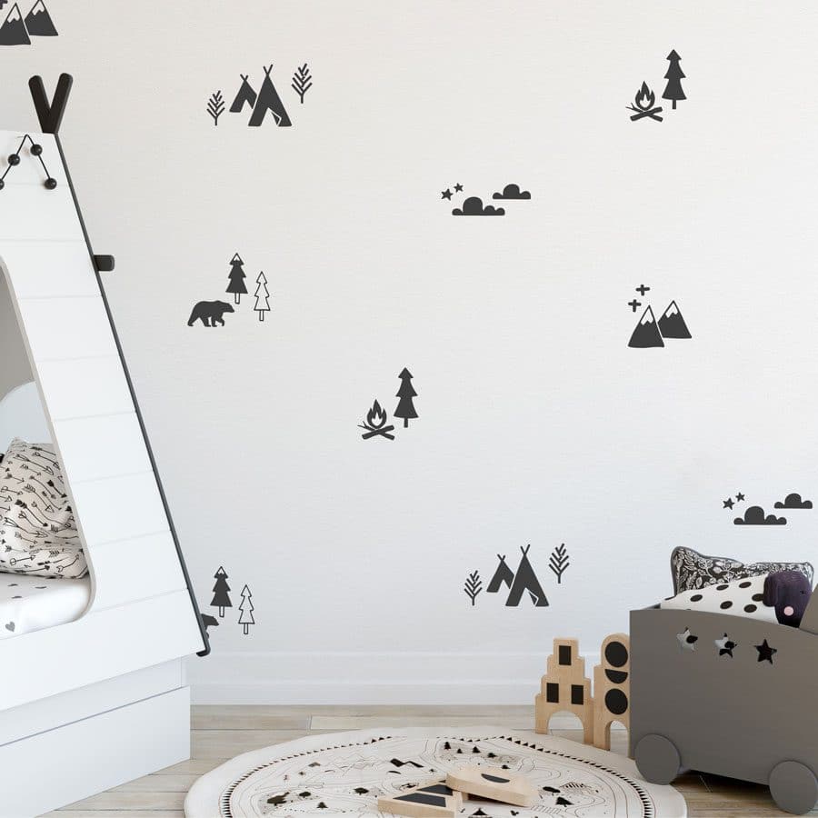Mountain adventure stickaround wall sticker pack in charcoal grey perfect for a create a contemporary mountain theme in a child's bedroom