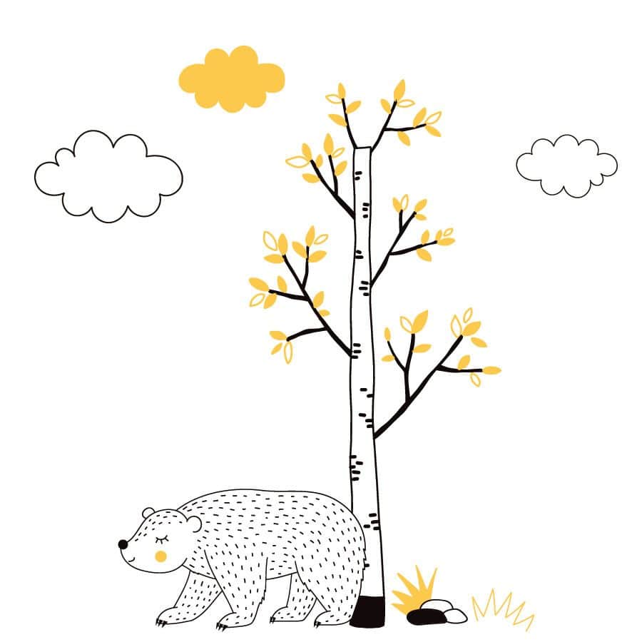 Woodland animal wall sticker scene featuring a tree, bear and clouds all with black, yellow and white accents on a white background