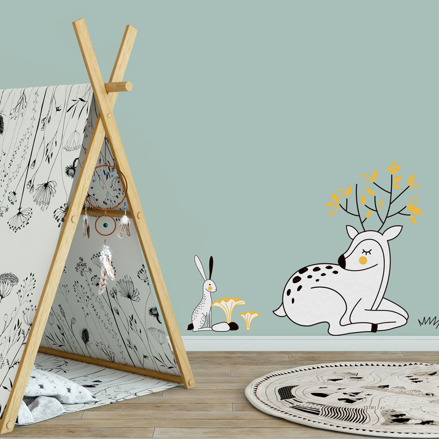 Woodland animal deer and rabbit wall sticker pack with black, yellow and white accents