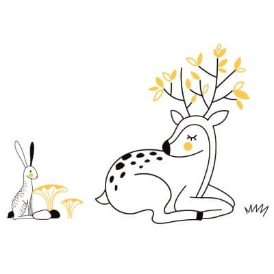 Woodland animal deer and rabbit wall sticker pack with black, yellow and white accents on a white background