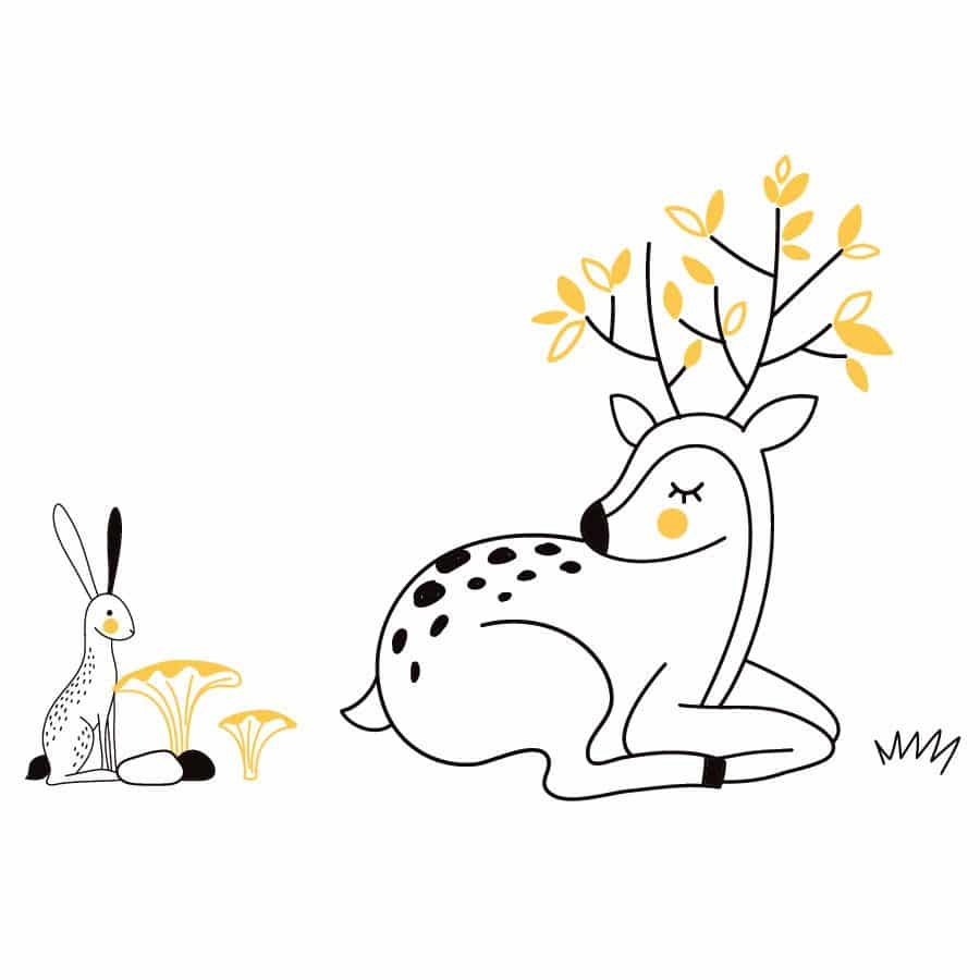 Woodland animal deer and rabbit wall sticker pack with black, yellow and white accents on a white background
