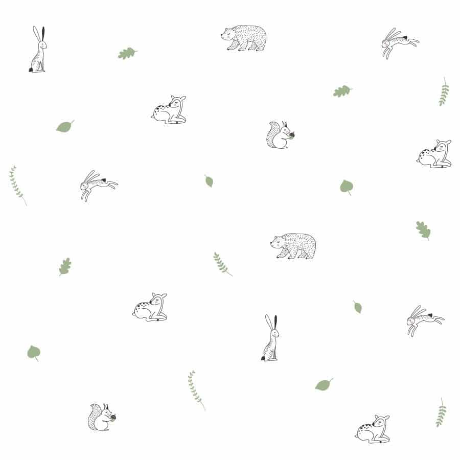 Woodland animal doodles wall sticker pack in sage featuring rabbits, deer, bear and squirrel on a white background