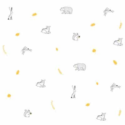 Woodland animal doodles wall sticker pack in yellow featuring rabbits, deer, bear and squirrel on a white background