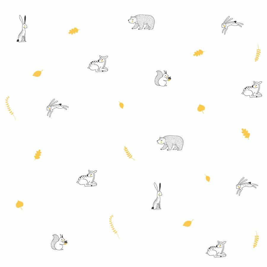 Woodland animal doodles wall sticker pack in yellow featuring rabbits, deer, bear and squirrel on a white background