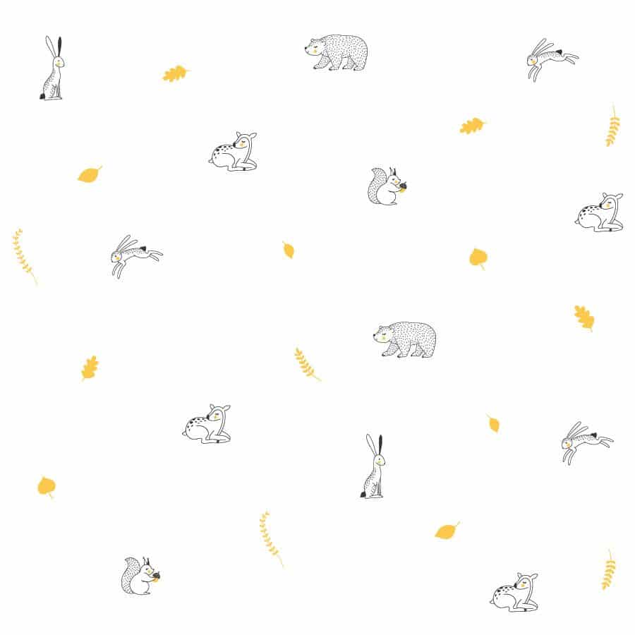 Woodland animal doodles wall sticker pack in yellow featuring rabbits, deer, bear and squirrel on a white background