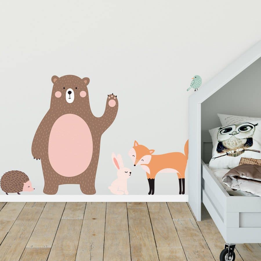 Scandi woodland animal wall stickers featuring a bear, fox, rabbit, hedgehog and bird