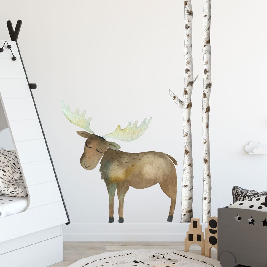 Watercolour tree and animal wall sticker featuring a moose in a Scandi style perfect for creating a woodland themed bedroom