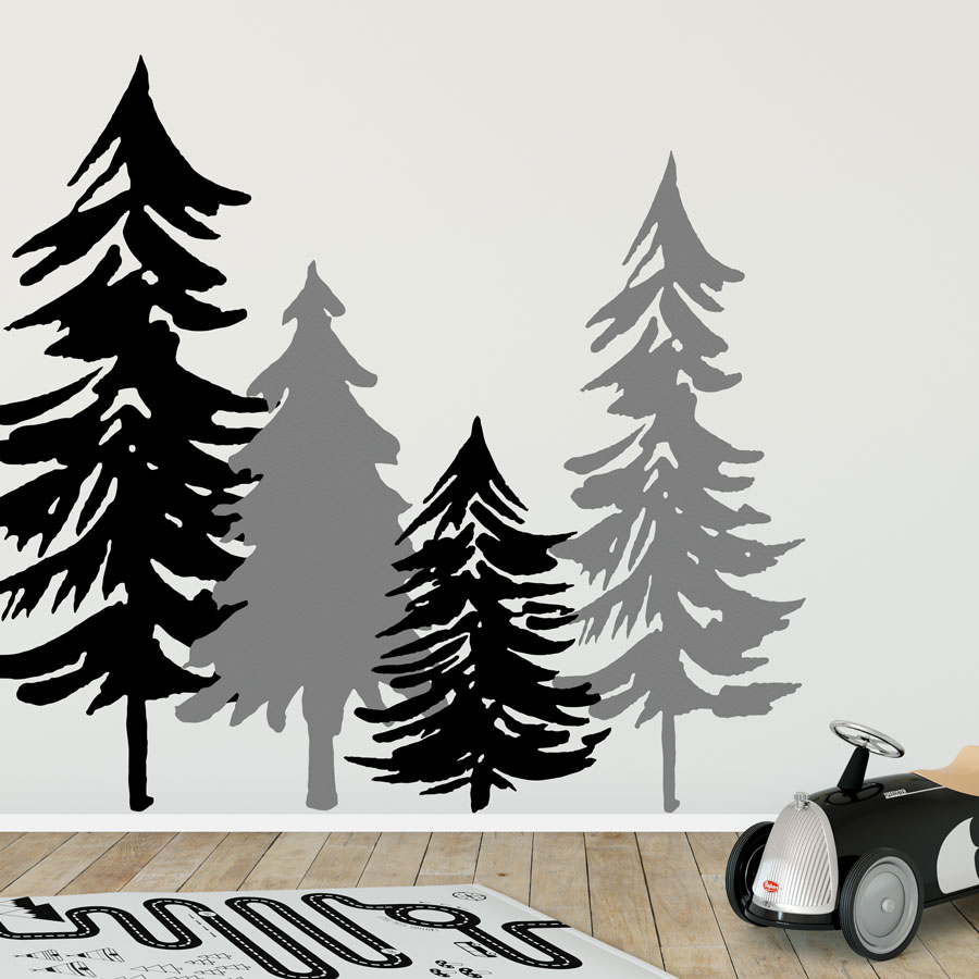Woodland tree silhouette wall stickers in black and dark grey perfect for creating a contemporary woodland themed room