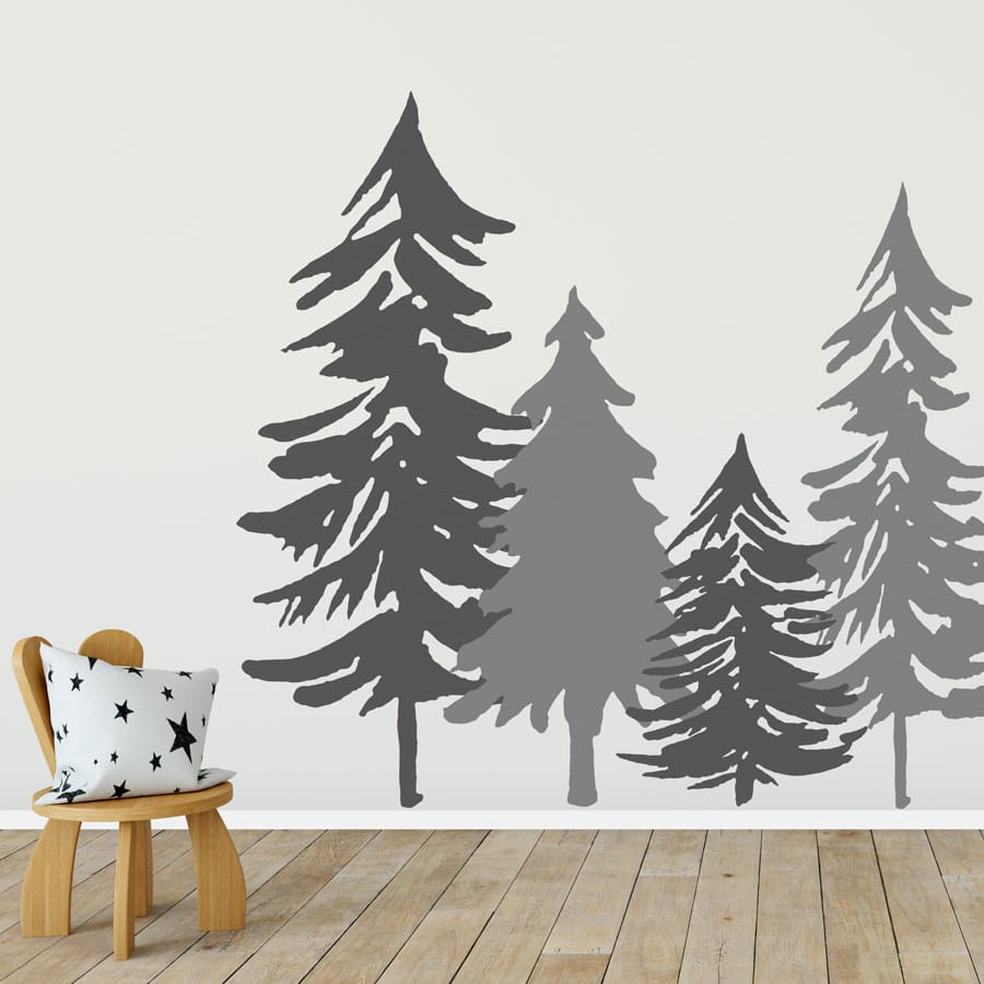 Woodland tree silhouette wall stickers in dark grey and mid grey perfect for creating a contemporary woodland themed room