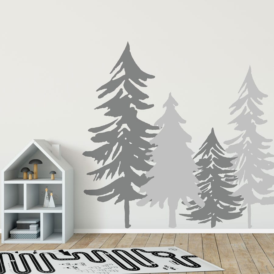 Woodland tree silhouette wall stickers in mid grey and light grey perfect for creating a contemporary woodland themed room