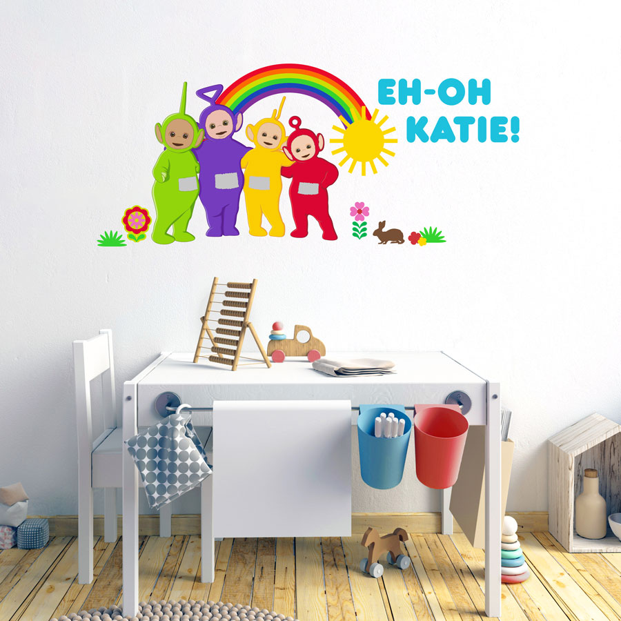 Personalised Teletubbies with rainbow wall sticker (Large size) perfect for decorating your child's room with a personalied Teletubbies theme