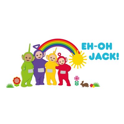 Personalised Teletubbies with rainbow wall sticker (Large size) on a white background