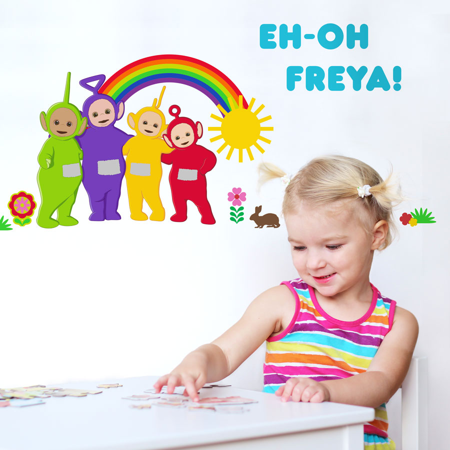 Personalised Teletubbies with rainbow wall sticker (Regular size) perfect for decorating your child's room with a personalied Teletubbies theme