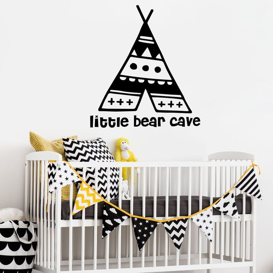 Little bear cave wall sticker in black perfect for decorating a little ones bedroom or playroom in a contemporary woodland theme