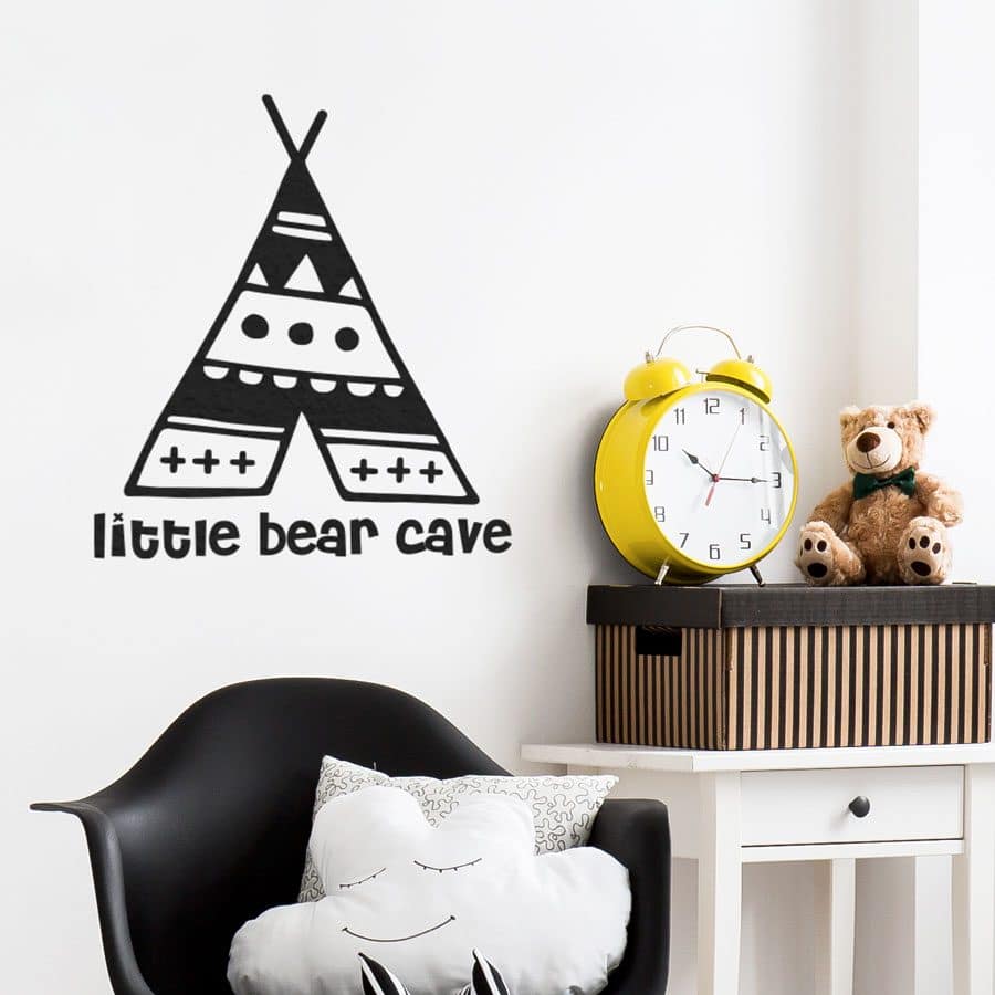 Little bear cave wall sticker in black perfect for decorating a little ones bedroom or playroom in a contemporary woodland theme