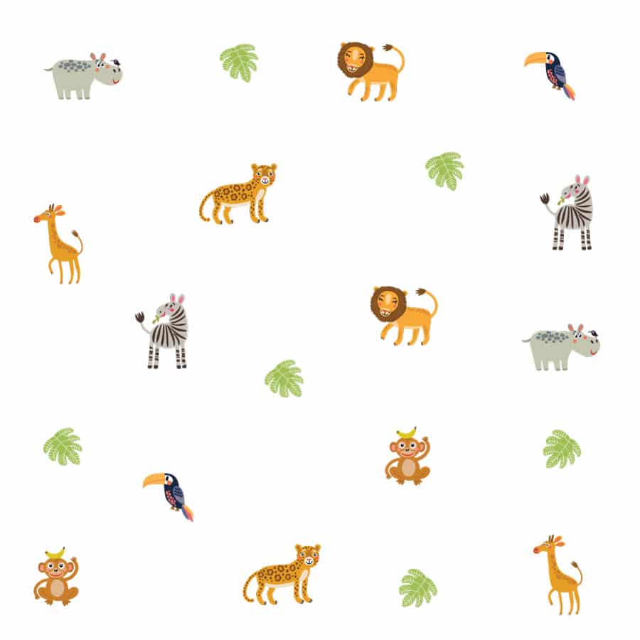 Jungle friends wall sticker pack, jungle wall stickers. The image features small lions, elephants, toucan, zebra, hippo, giraffe, monkey and cheetah as well as a couple of green leaves. These stickers are shown on a white background.